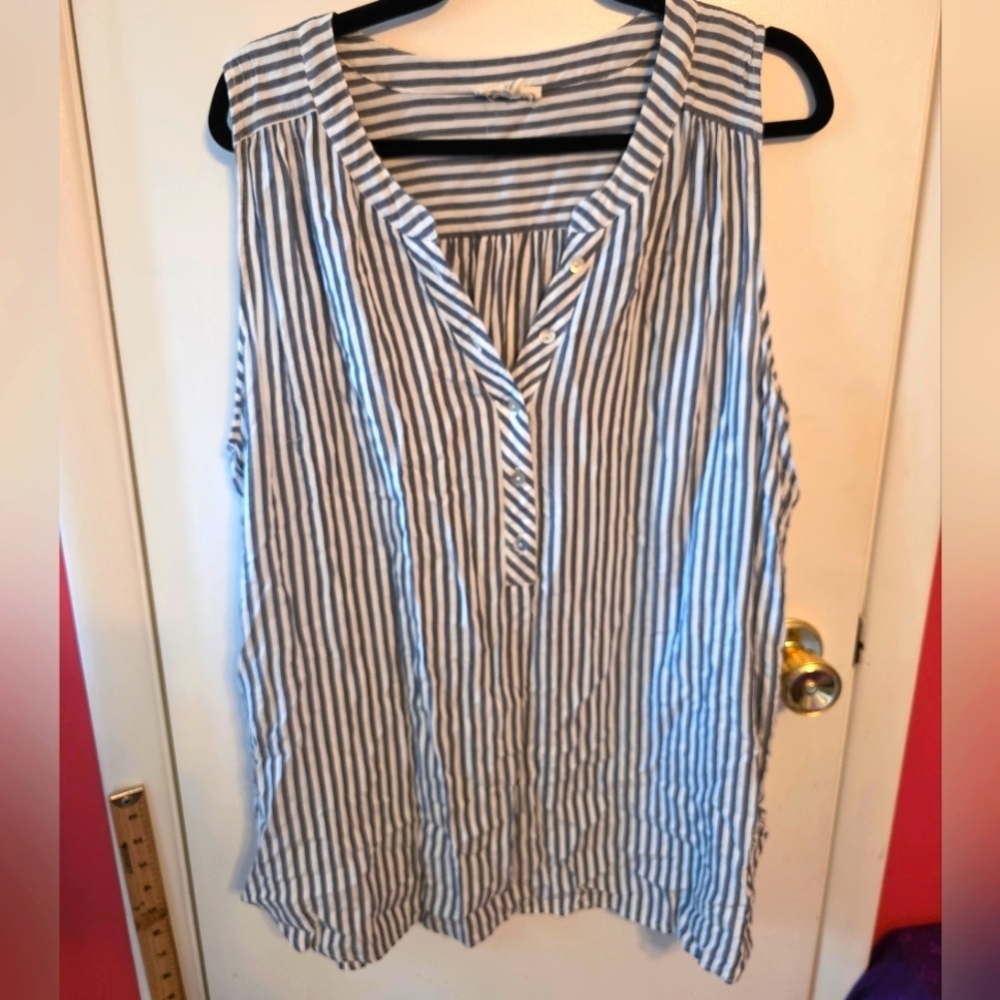Jane and Delancey Blue and White Striped Sleeveless Button-Down Top